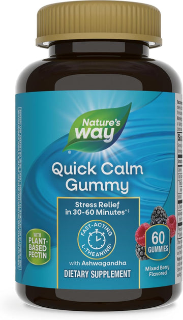 Nature'S Way Quick Calm Gummies, L-Theanine For Relaxation*, Fast-Acting, Stress Relief From L-Theanine Within 30-60 Minutes*, With Ashwagandha, Vegetarian, Mixed Berry Flavored, 60 Gummies