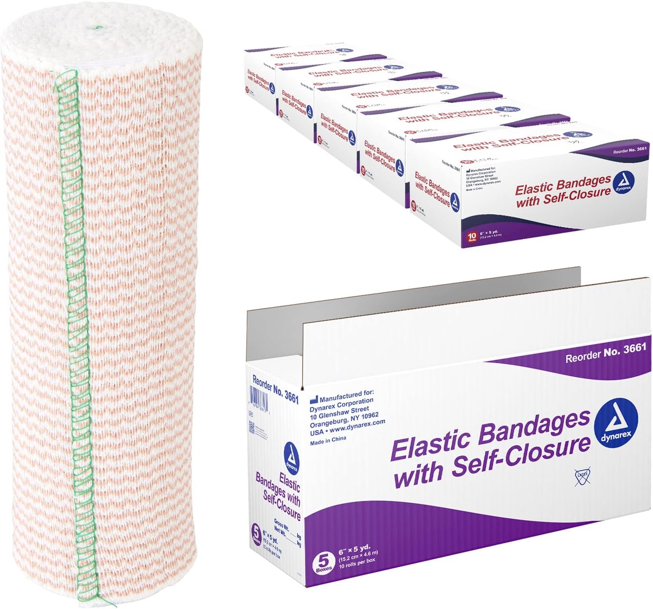 Dynarex Elastic Bandages With Self-Closure, Outstanding Compression & Stretch, Latex-Free Elastic Bandages With Velcro Closure, 6" X 5 Yds., 1 Case - 50 Bandages (5 Boxes Of 10)