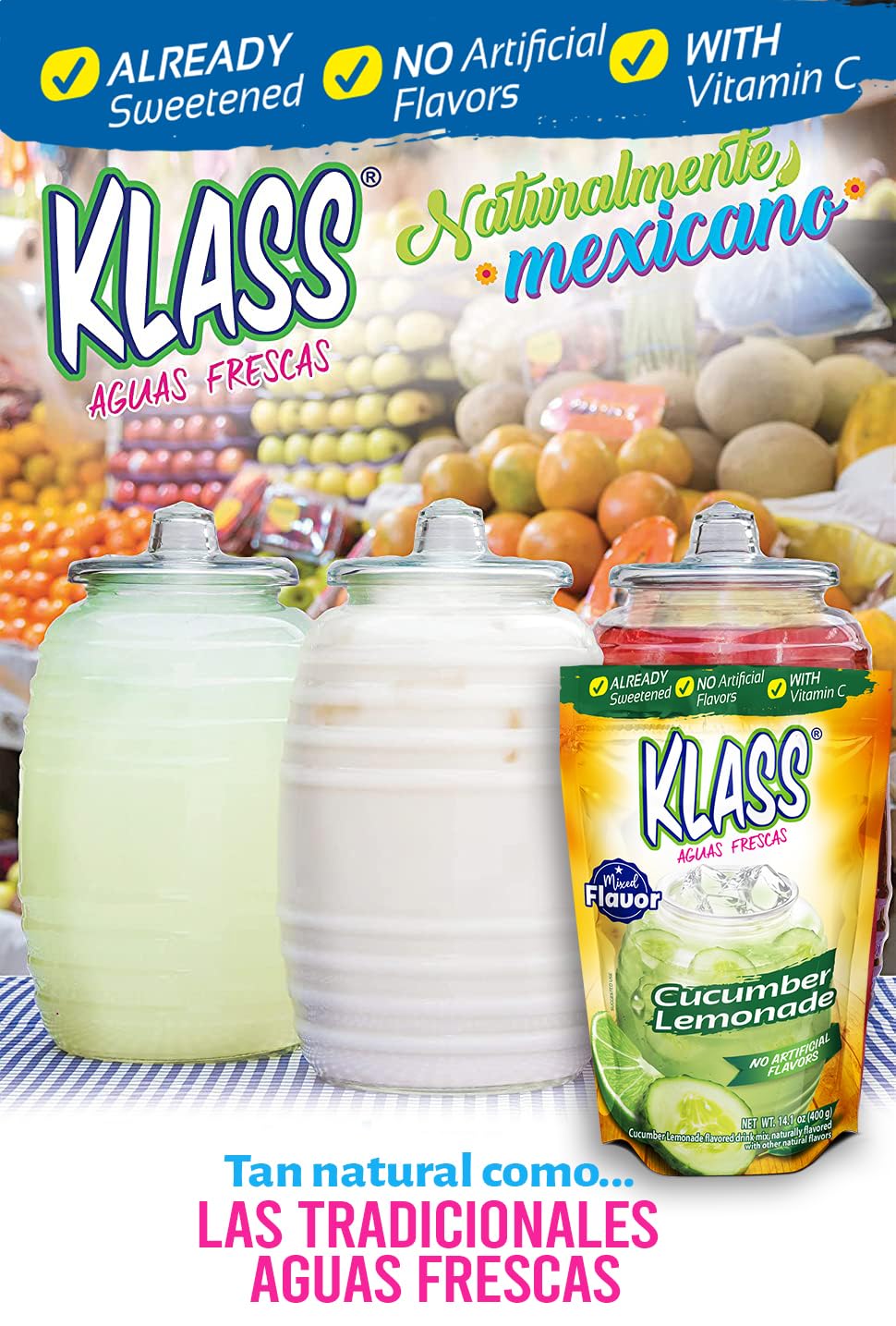 Drink Mix Cucumber Limeade | Klass Aguas Frescas | Flavors From Natural Sources, No Artificial Flavors, With Vitamin C (Makes 7 to 9 Quarts) 14.1 Oz Family Pack (4-Pack) : Grocery & Gourmet Food