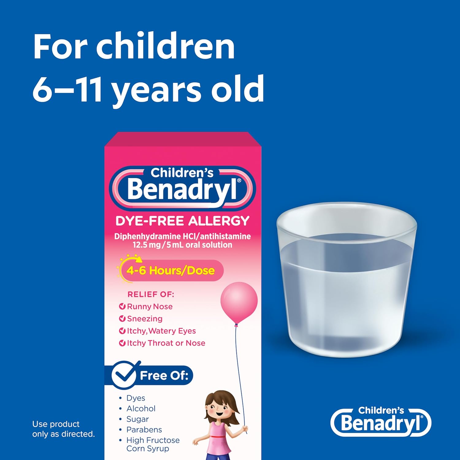 Benadryl Children's Dye-& Sugar-Free Allergy Relief Liquid Medicine with Diphenhydramine HCl, Antihistamine Allergy Medicine for Kids, Dye-Free, Alcohol-Free, Bubble Gum Flavor, 8 fl. oz : Health & Household