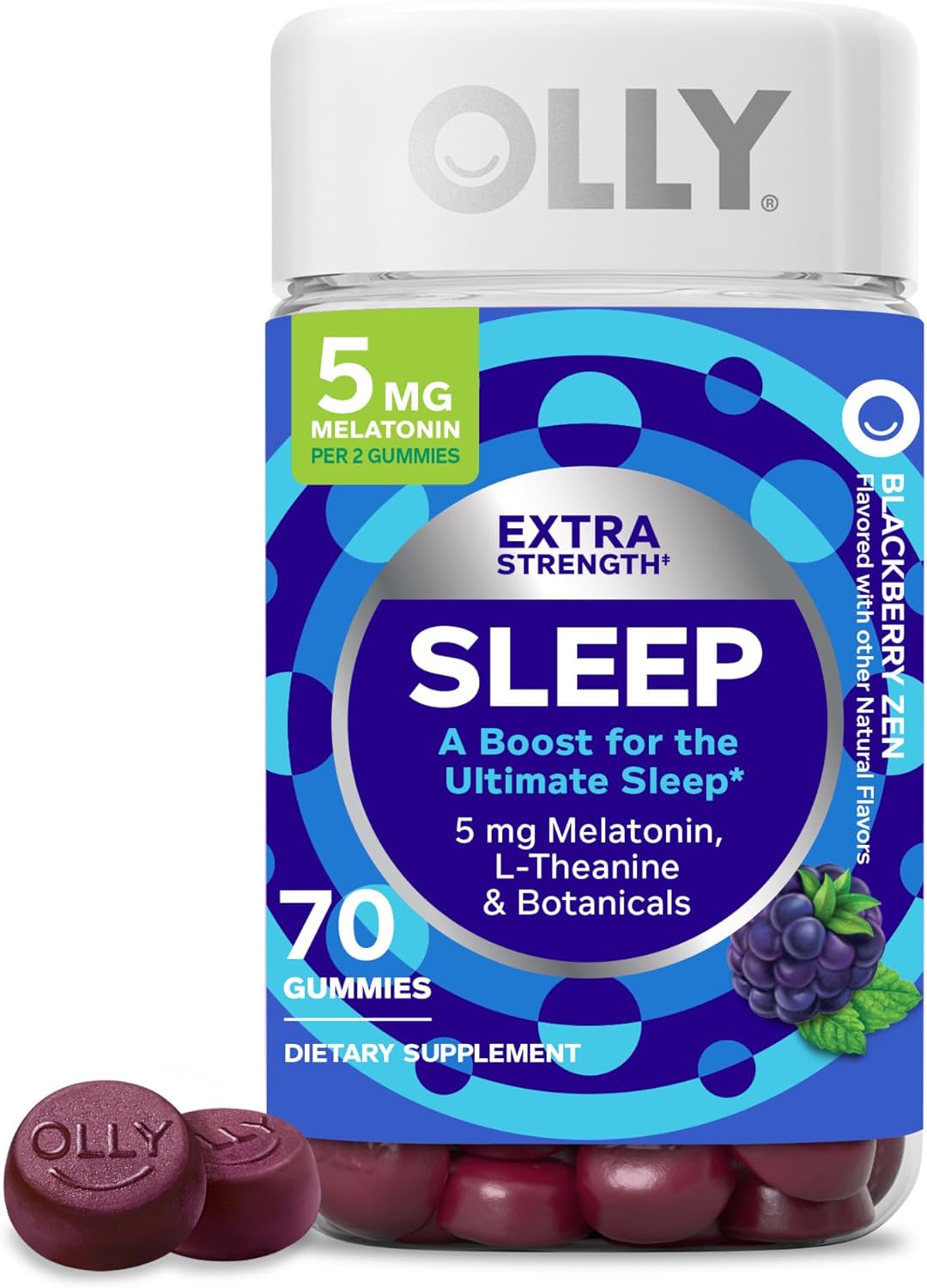 Olly Extra Strength Sleep Gummies, Value Size, 5 Mg Melatonin, L-Theanine, Chamomile, Lemon Balm, Sleep Aid, Blackberry Flavor - 70 Count