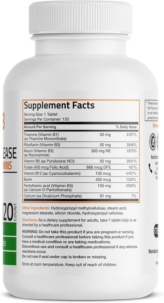 Bronson Super B Vitamin B Complex Sustained Slow Release (Vitamin B1, B2, B3, B6, B9 - Folic Acid, B12) Contains All B Vitamins 120 Tablets