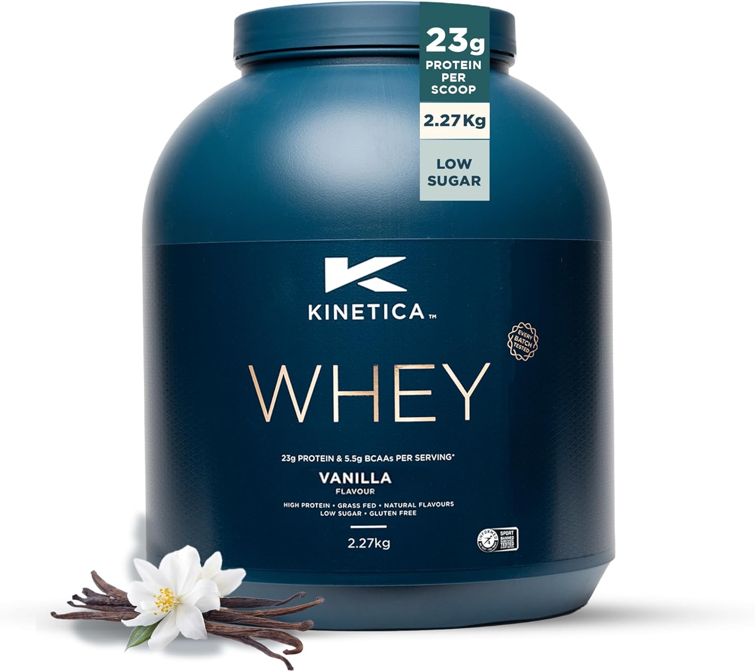 Kinetica Sports Whey Protein Powder - Vanilla Flavour | 23G Protein/Serve, 76 Servings/2.27Kg Pack |Gluten Free Supplement | Optimum For Muscle Growth & Recovery | Mixes Well With Water, Milk & Shakes
