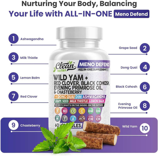 Clean Nutra Wild Yam Root Capsules With Red Clover Black Cohosh Evening Primrose Oil Chasteberry Dong Quai Dim Ashwagandha Grape Seed Extract Milk Thistle Lemon Balm And More Hormone Balance For Women