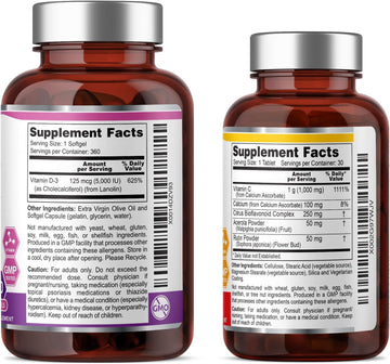 Biophix Vitamin D-3 5000 Iu 360 Softgels - Free Vitamin C-1000 30 Tablets - High-Potency In Extra Virgin Olive Oil Non-Gmo Soy-Free Supports Strong Bones Immune Health