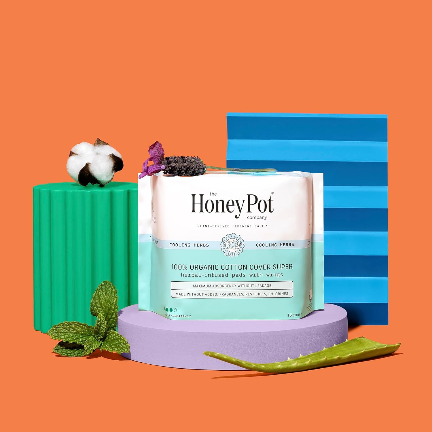 The Honey Pot Company - Herbal Pads for Women - Super Pads w/Wings - Infused w/Essential Oils for Cooling Effect, Organic Cotton Cover, & Ultra-Absorbent Pulp Core - Feminine Care - FSA & HSA - 16 ct : Health & Household