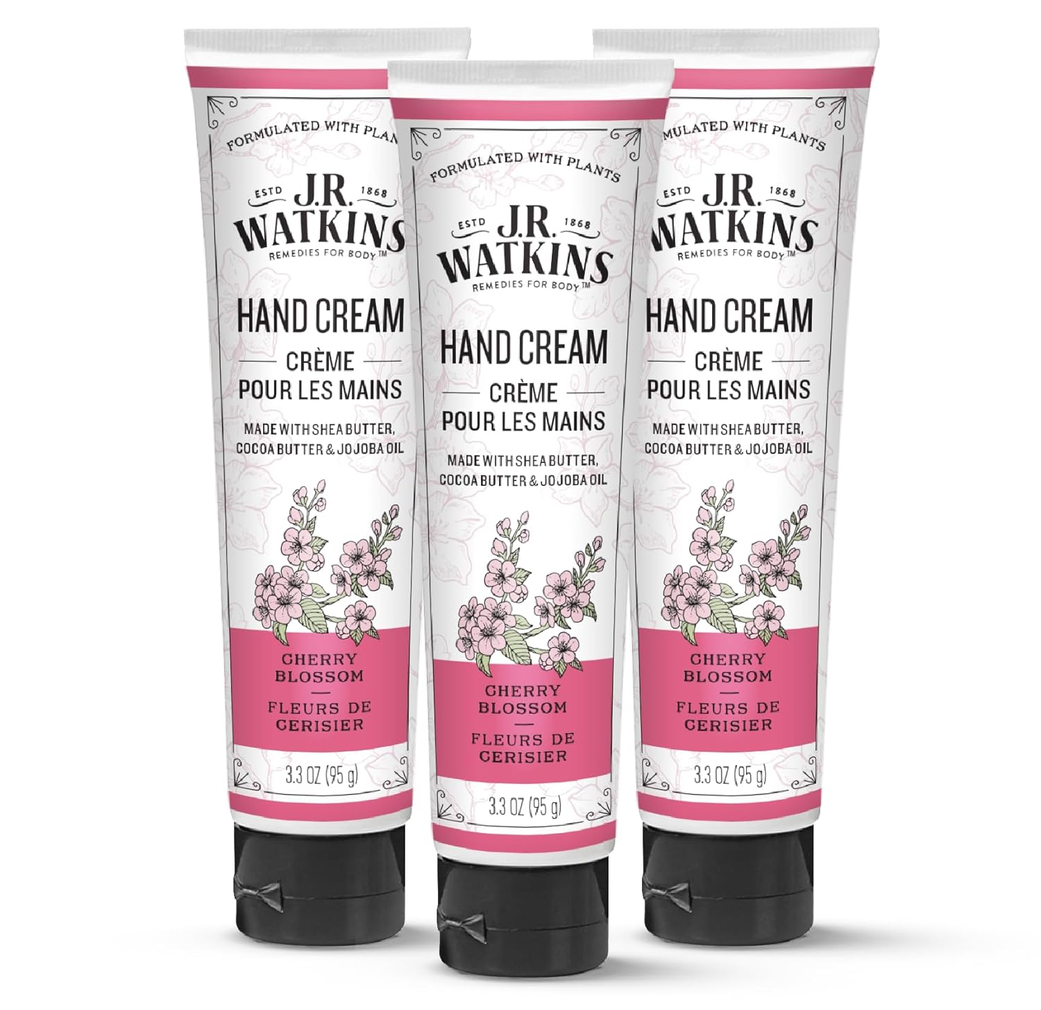 J.R. Watkins Natural Moisturizing Hand Cream, Hydrating Hand Moisturizer With Shea Butter, Cocoa Butter, And Avocado Oil, Usa Made And Cruelty Free, 3.3Oz, Cherry Blossom, 3 Pack