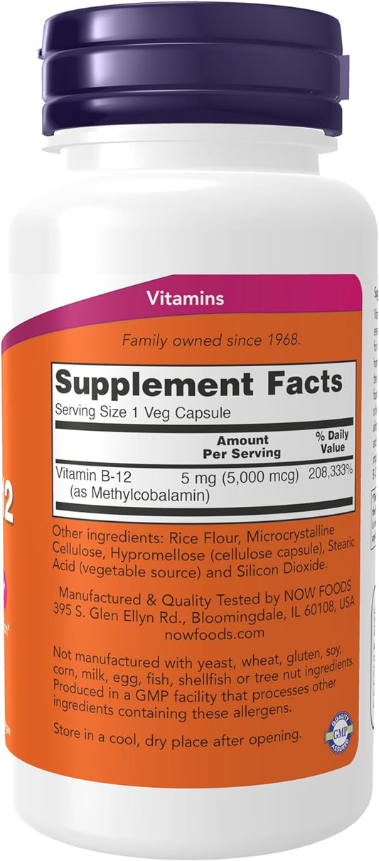 NOW Supplements, Methyl B-12 5000mcg,Methylcobalamin, Hypoallergenic, 90 Veg Capsules
