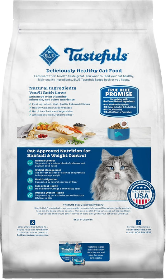 Blue Buffalo Tastefuls Adult Dry Cat Food For Weight Management & Hairball Control, Made In The Usa With Natural Ingredients, Chicken Recipe, 7-Lb. Bag