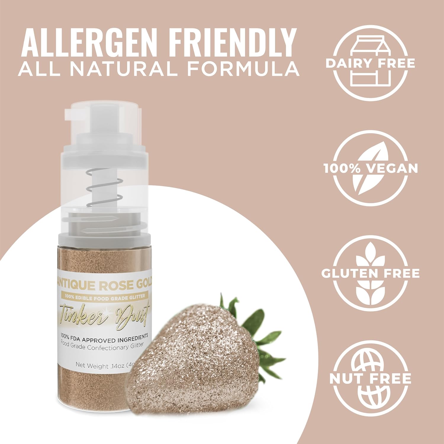 Bakell - Antique Rose Gold Tinker Dust (4G, 1X Mini Spray Pump) Edible Glitter For Food, Desserts, And Beverages! : Grocery & Gourmet Food