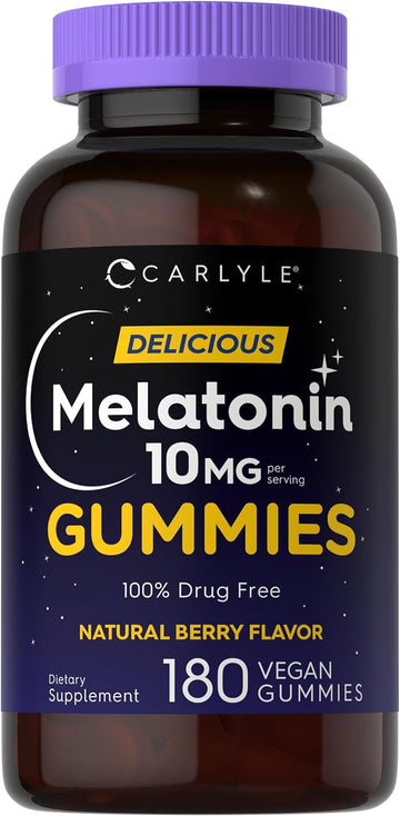 Carlyle Melatonin Gummies 10mg | 180 Count | Adult Drug Free Aid | Berry Flavor | Vegan, Non-GMO, Gluten Free