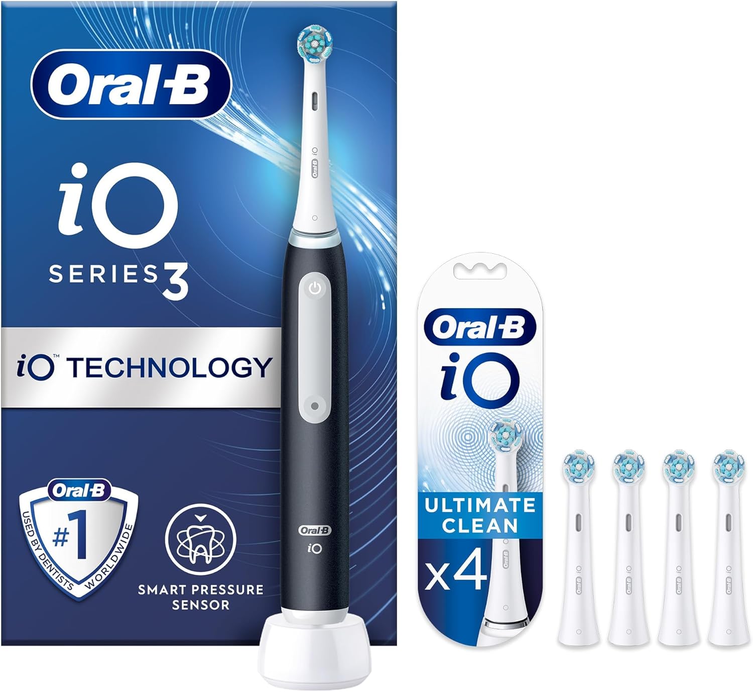 Oral-B Io3 Electric Toothbrushes Adults, 4 Toothbrush Heads, 3 Modes With Teeth Whitening, 2 Pin Uk Plug, Black