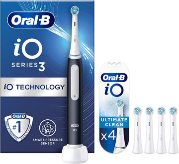 Oral-B Io3 Electric Toothbrushes Adults, 4 Toothbrush Heads, 3 Modes With Teeth Whitening, 2 Pin Uk Plug, Black