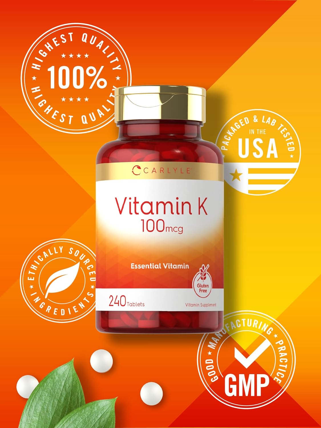 Carlyle Vitamin K 100 mcg | 240 Tablets | Vegetarian, Non-GMO, Gluten Free | Vitamin K Supplement : Health & Household