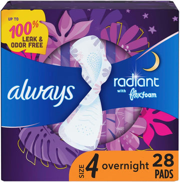 Always Radiant Flexfoam Pads For Women, Size 4, Overnight Absorbency, 100% Leak & Odor Free Protection Is Possible, With Wings, Scented, 28 Count