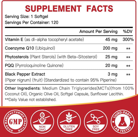Coq10 Ubiquinol 200Mg, Coq10 200Mg Softgels, Max Absorption Ubiquinol With Vitamin E & Pqq & Black Pepper, Powerful Antioxidant, 120 Softgels