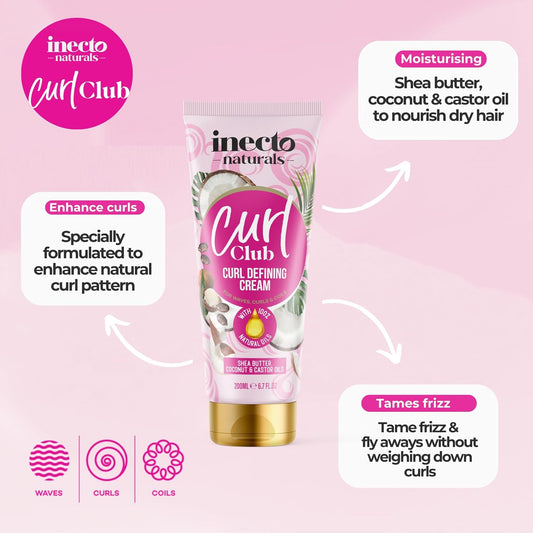 Inecto Curl Club, Curl Defining Cream 200Ml, For All Curly Hair Types, Vegan & Cruelty Free, Curl Defining For Curly Or Wavy Hair, 100% Natural