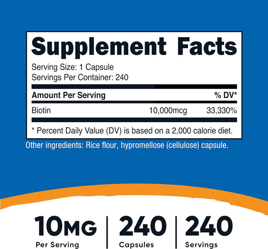 Nutricost Biotin (Vitamin B7) 10,000Mcg (10Mg) Vitamin Supplement, 240 Capsules - Vegetarian, Gluten Free, Quick Release, Non-Gmo