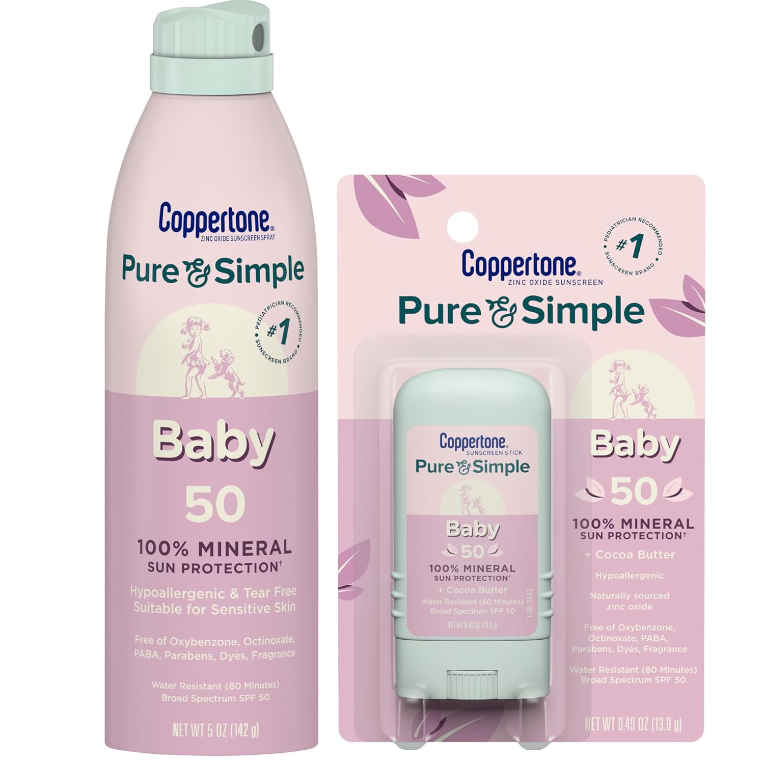 Coppertone Pure And Simple Baby Mineral Sunscreen Spray Spf 50 (5 Oz) + Baby Sunscreen Stick Spf 50 (0.49 Oz), Hypoallergenic And Tear Free