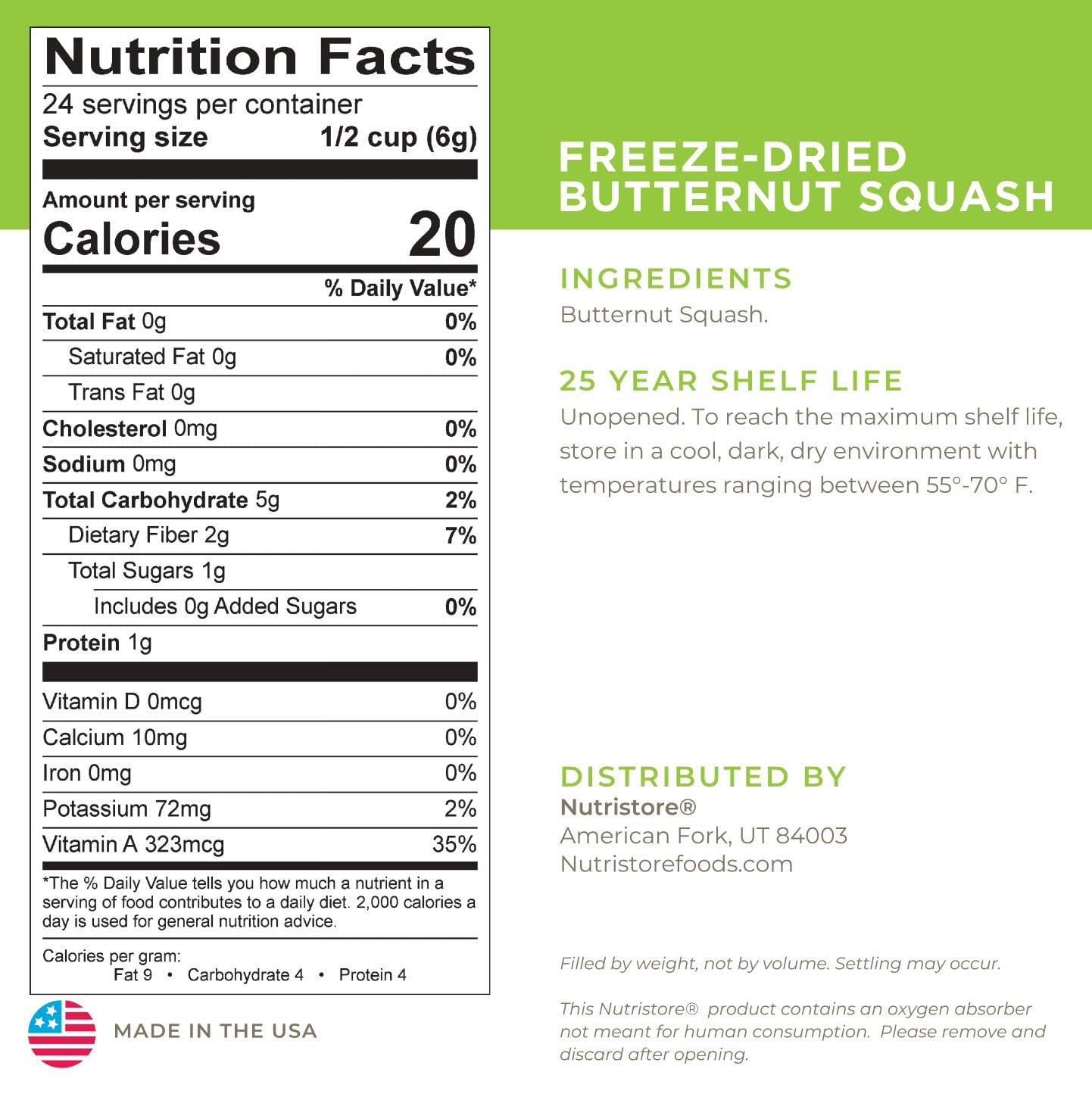 Nutristore Freeze Dried Butternut Squash | Vegetables for Healthy Snack or Long Term Storage | Emergency Survival Canned Food Supply | Bulk #10 Can Veggies | 25 Year Shelf Life | 24 Servings : Sports & Outdoors