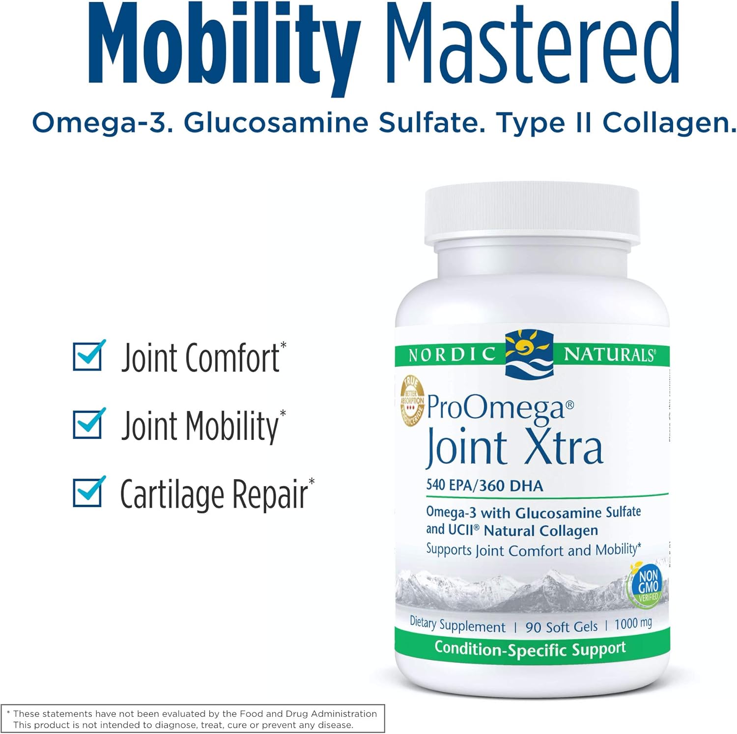 Nordic Naturals ProOmega Joint Xtra - Fish Oil, 540 mg EPA, 360 mg DHA, 1500 mg Glucosamine Sulfate, 40 mg UC-II Natural Collagen, Support for Joint Comfort and Mobility*, 90 Soft Gels