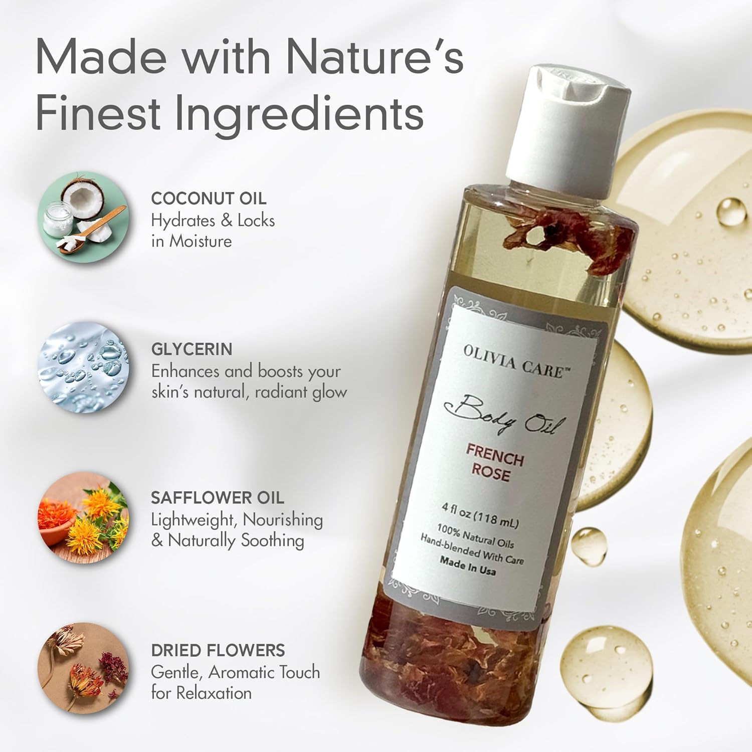 Olivia Care Body Oil - Natural Perfume Oil For Women | Hydrating & Moisturizing After Bath Oil - Infused With Vitamin E, K & Omega Fatty Acids - Reduce Dry Skin (French Rose) : Beauty & Personal Care