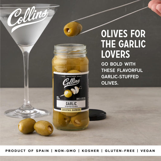Collins Garlic Queen Olives | Premium Garlic-Stuffed Green Olives Garnish for Cocktails, Martinis, Salads, Charcuterie Trays, Cheese Boards, 5oz