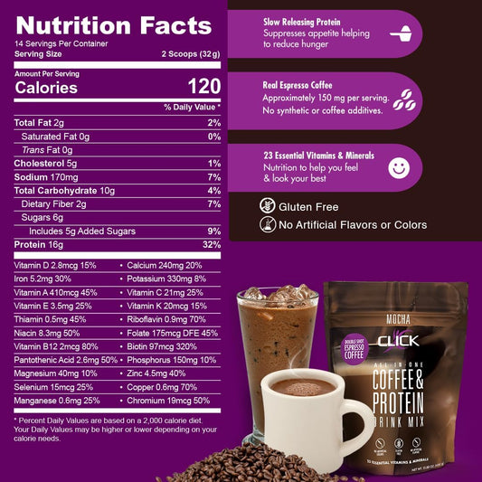 Click Coffee Protein, Protein & Real Coffee All-in-One, Meal Replacement Nutrition Drink, Mocha Flavor, 23 Essential Vitamins, Double Shot Espresso Coffee, Hot or Cold, 15.8-Ounce