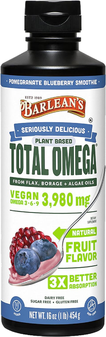 Barlean's Liq axseed, Borage & Algae Oils Omega 3 Supplement, Pomegranate Blueberry avor, Vegan EPA & DHA from Algal Oil, ax Oil and Borage Seed Oil with 3,980 mg of Omega-3-6-9, 1