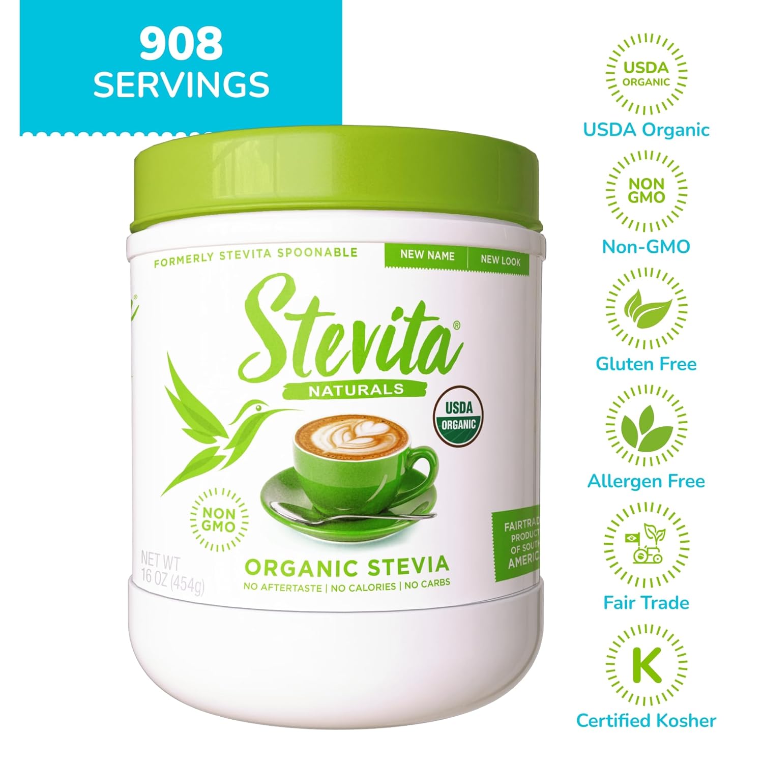 Stevita Organic Stevia - 16 oz - Stevia & Erythritol All-Natural Sweetener, No Calories - USDA Organic, Non-GMO, Vegan, Keto, Paleo, Gluten Free - 908 Servings : Sugar Substitute Products : Health & Household