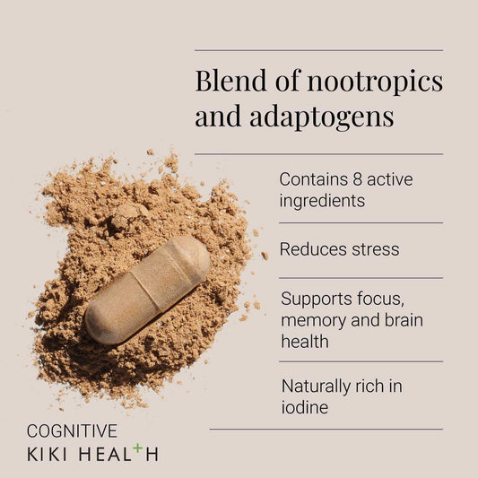 Kiki Health - Cognitive, Blend Of Nootropics And Adaptogens - For Memory, Focus, And Stress Management - Supports Brain And Mental Function - High In Iodine - 60 Vegicaps