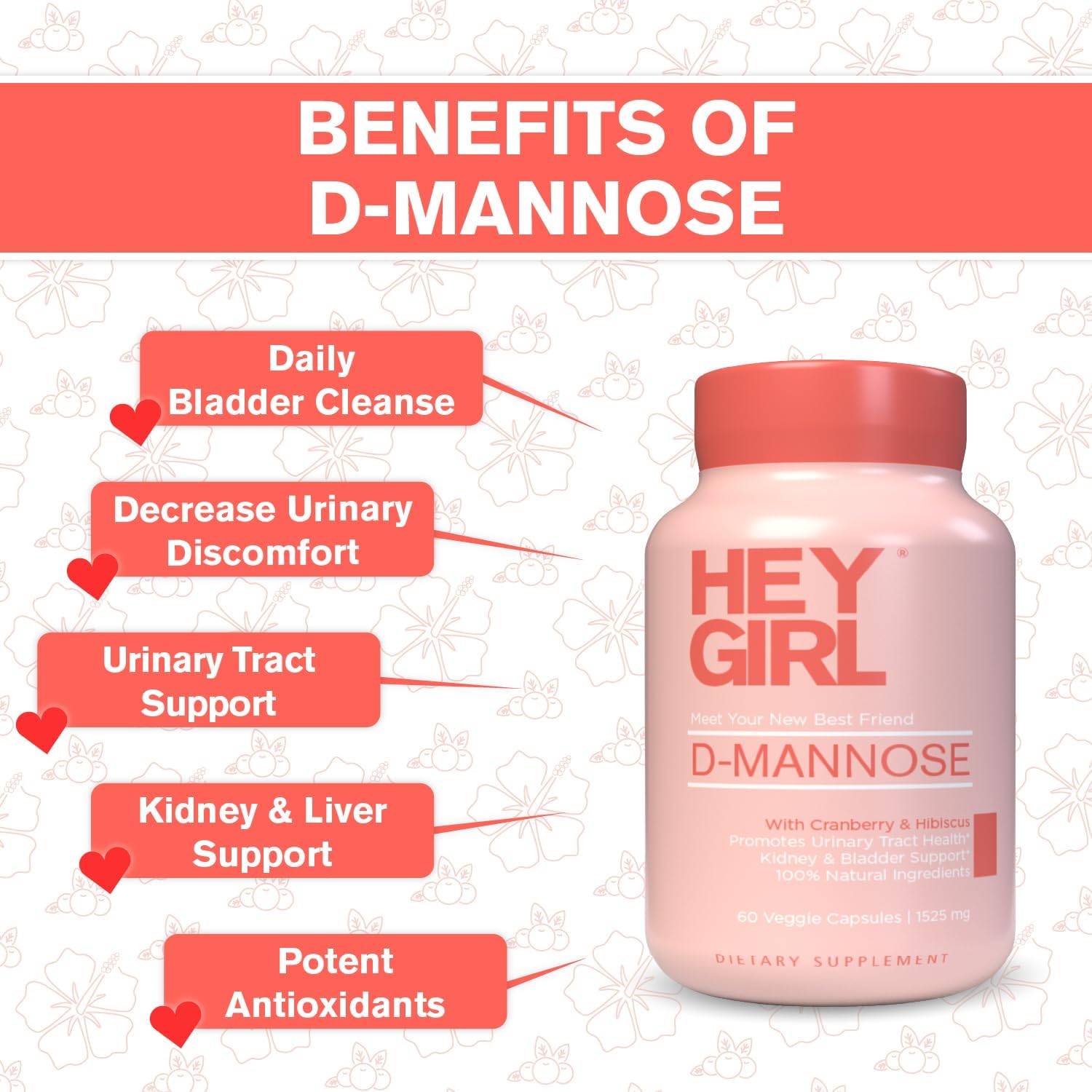 D Mannose Capsules - Fast-Acting UTI Supplement - Cleanse & Flush Impurities - with Natural D-Mannose Powder, Cranberry, Hibiscus & Dandelion - Alternative to Cranberry for Women, 60 Capsules : Health & Household