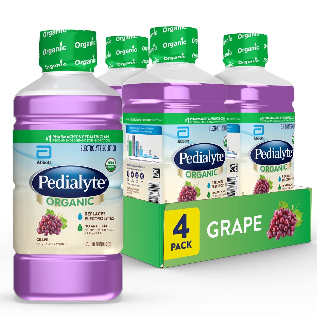 Pedialyte Organic Electrolyte Drink, Advanced Hydration For Kids & Adults, With Zinc For Immune Support, Grape, 1 Liter 33.8 Fl Oz (Pack Of 4)