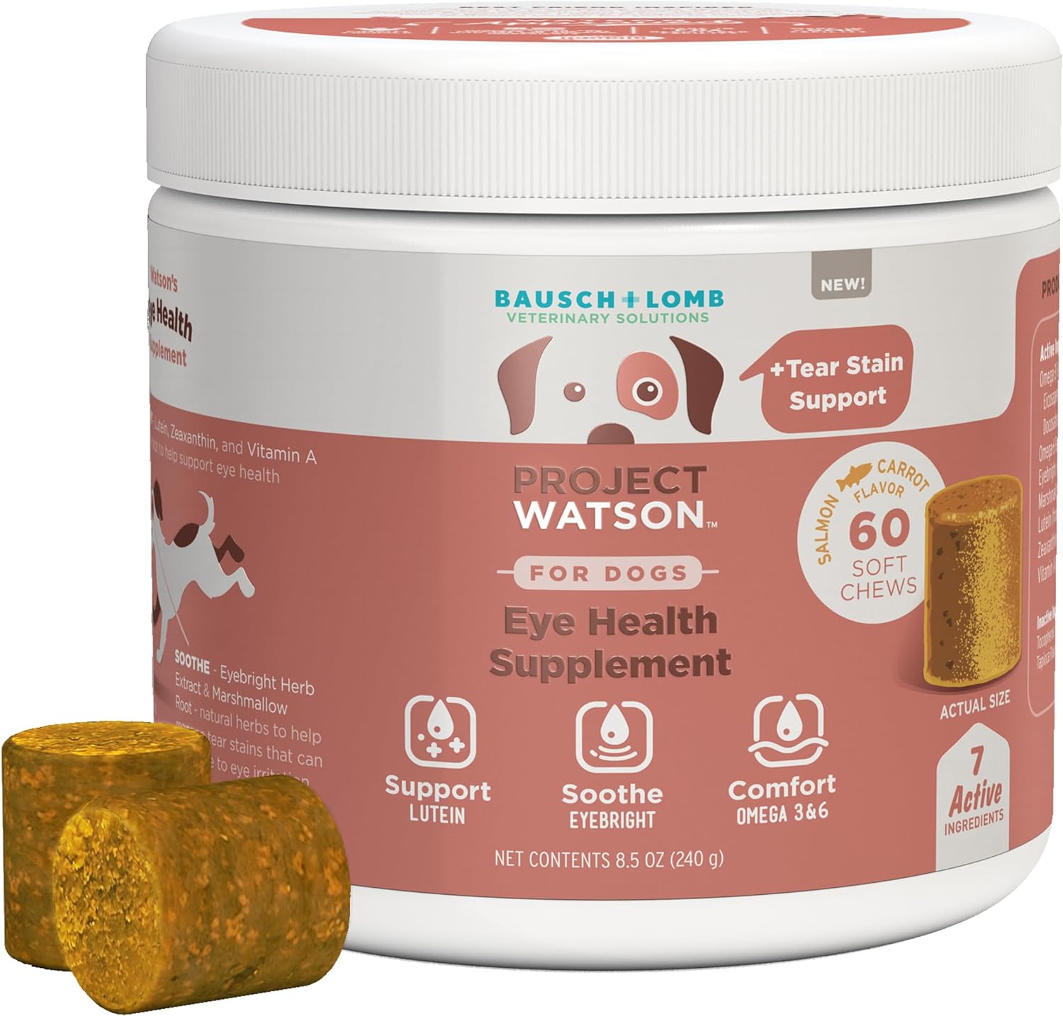Bausch + Lomb Project Watson Dog Supplement, Contains Omega-3, Omega-6, Lutein, Zeaxanthin, and Vitamin A, Eyebright Herb Extract & Marshmallow Root to Help Reduce Eye Irritation, 60 Soft Chews