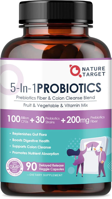 Nature Target Probiotics For Women-Men-Kids Digestive Health, Prebiotics And Probiotics For Women, 100 Billion For Gut And Immune Health, No Refrigeration, 90 Veggie Capsules (45 Days Supply)