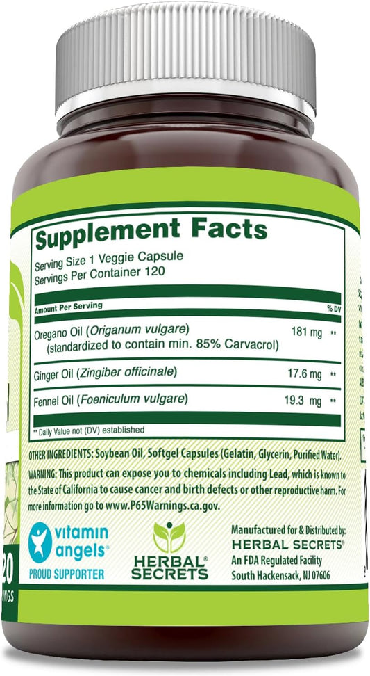 Herbal Secrets Oil Of Oregano With Ginger & Fennel Oil Supplement | 217 Mg Per Serving | 120 Softgels | Non-Gmo | Gluten Free | Made In Usa