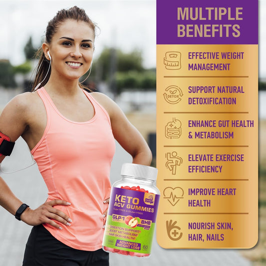 Keto Acv Gummies For Advanced Weight Loss - Gluten & Sugar-Free Apple Cider Vinegar Rapid Fat Burner Diet Supplement For Women Men - 60 Gummies (1000Mg)