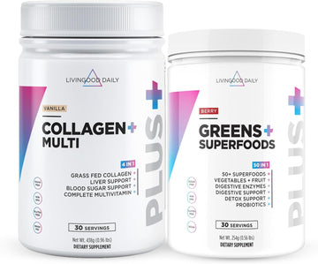 Livingood Daily Collagen & Greens Bundle - Gut Health Supplements - Super Greens And Collagen Powder Plus Vitamins