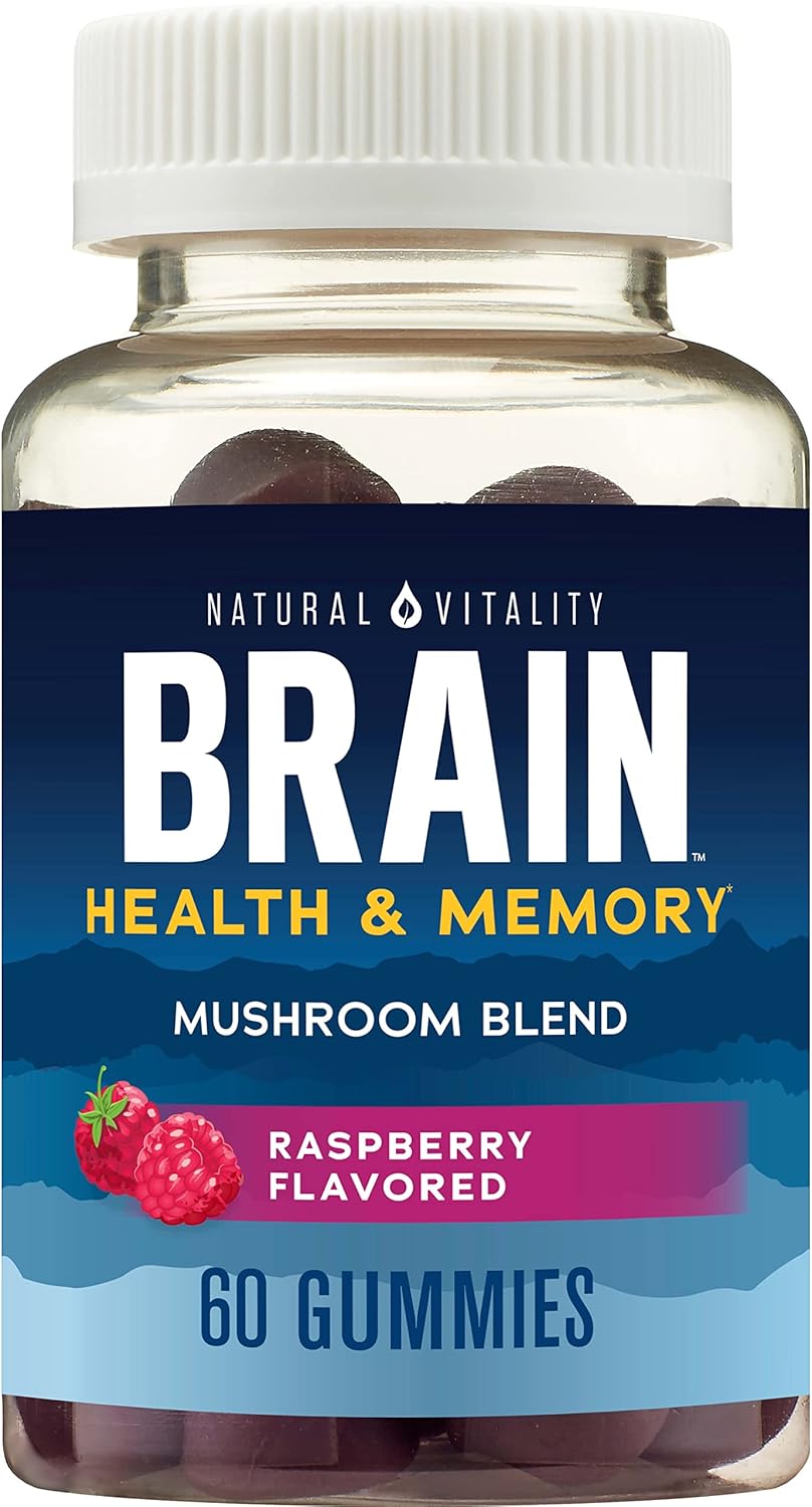 Natural Vitality Brain Health & Memory Gummies; Provides Daily Brain Health Support; Functional Mushroom Extract Blend; Vegan, Gluten Free; Delicious, Raspberry Avored; 60 Gummies