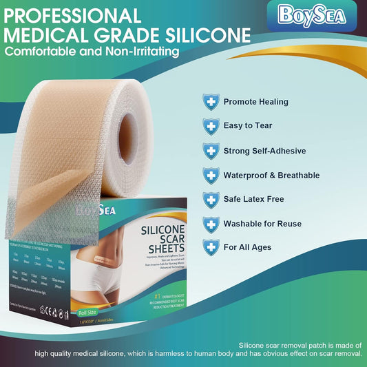 Professional Silicone Scar Sheets (1.6" X 150" Scar Roll-3.8M) - Scars Removal Treatment - Reusable Silicone Scar Tape Strips Type For Keloid, C-Section, Surgery, Burn, Acne Et
