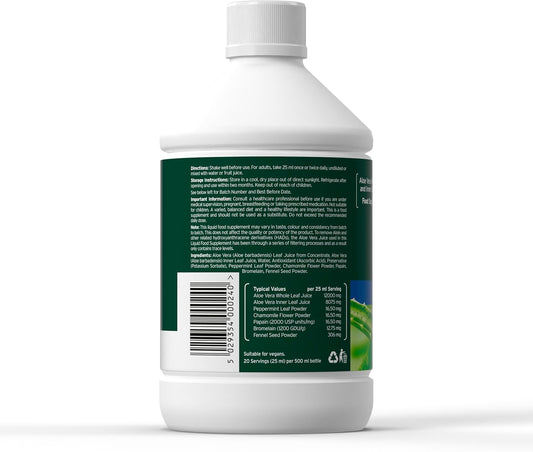 Aloe Pura Aloe Vera Peppermint & Chamomile Juice, Natural, Vegan, Cruelty Free, Digestive Enzymes, Papian & Bromelain, Food Supplement, 500 Ml
