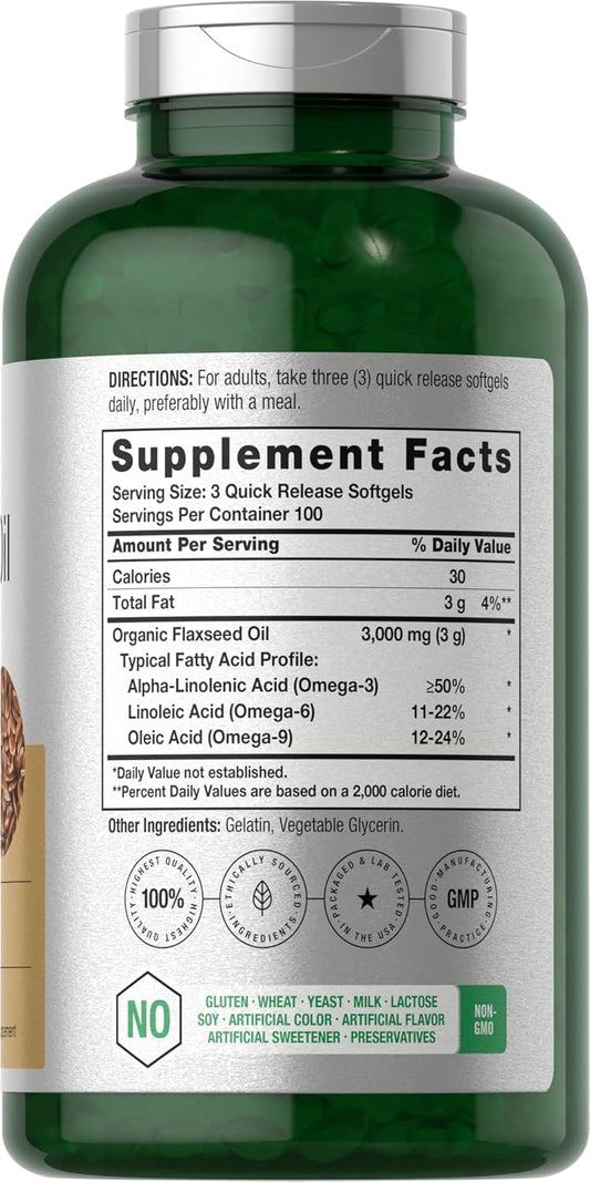 Horbäach Flaxseed Oil Softgel Capsules 3000Mg | 300 Count | High Potency | With Omega 3 6 9 | Non-Gmo, Gluten Free | Cold Pressed Flax Seed