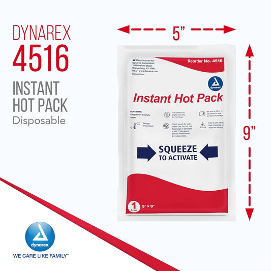 Dynarex Instant Hot Packs, Single-Use Heat Packs For Immediate Relief, Easy Activation, Instant Heat Therapy For Muscle Cramps, Stiff Joints And Other Injuries, 5"X 9", 1 Case Of 24 Hot Packs