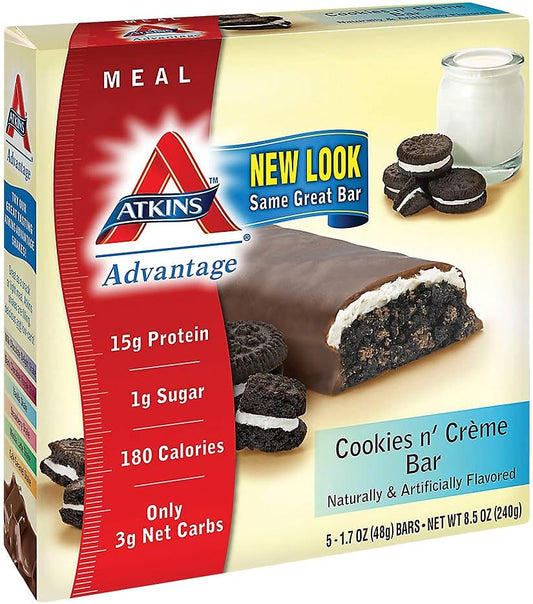 Atkins Cookies & Creme Protein Meal Bar, High Fiber, 13g Protein, 2g Sugar, 4g Net Carb, Meal Replacement, Keto Friendly, 5 Count : Health & Household