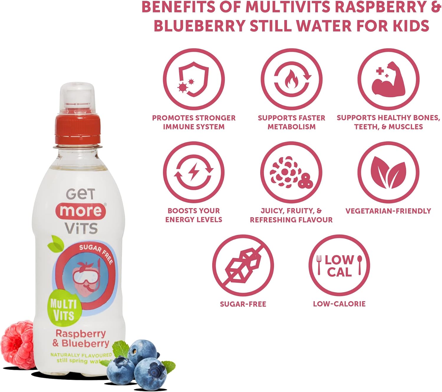Get More Vits - Kids Multi Vits Raspberry & Blueberry Still Flavoured Spring Water (330ml x12), Natural , Sugar-Free, Low-Calorie, Stronger Immune System, Healthy Bones, Teeth & Muscles, Vegetarian : Amazon.co.uk: Grocery