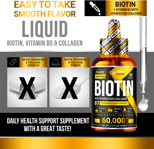 Liquid Biotin & Collagen Hair Growth Drops 60,000Mcg  Biotin And Liquid Collagen Supplements For Women & Men  Supports Glowing Skin, Healthy Hair & Nail Growth (2Fl Oz)