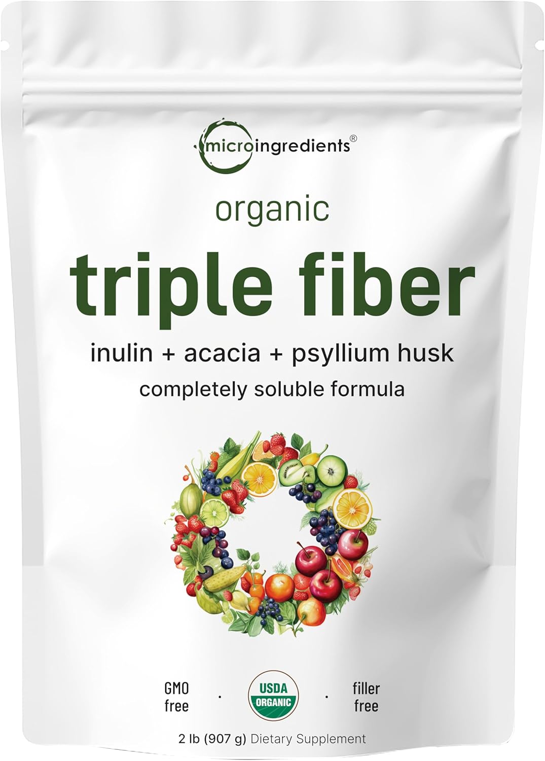 Micro Ingredients Organic Triple Fiber Powder, 2Lb | Natural Prebiotic To Support Digestive & Gut Health | Soluble, Easily Digestible | Unflavored, Vegan