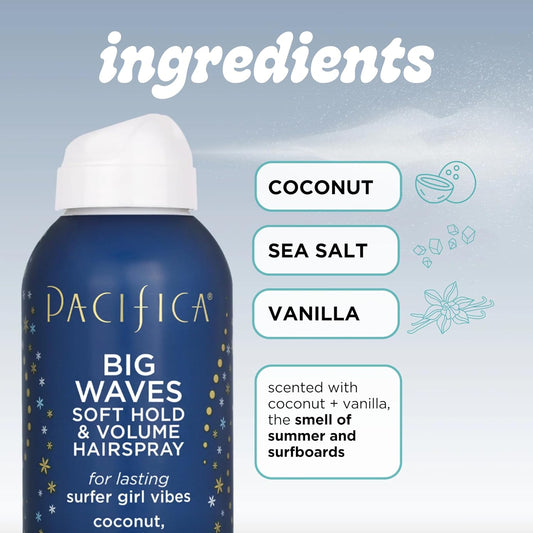 Pacifica Coconut Sea Salt Vanilla Hairspray - Big Waves Soft Hold & Volume, Beachy Anti-Frizz, Vegan & Cruelty Free