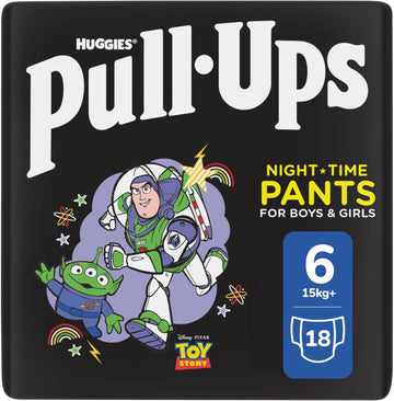 Huggies Pull-Ups, Trainers Night Nappy Pants For Boys, 2-4 Years - Size 5-6+ Pull Up Nappies (18 Training Pants) - Extra Night Time Protection - Support For Consistent Potty Training Routines