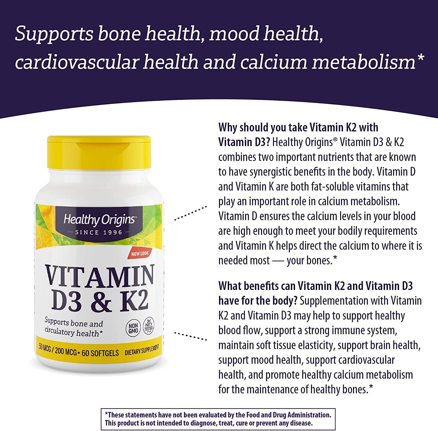 Healthy Origins Vitamin D3 & K2 - Vitamin D3, 50 mcg - Vitamin K2, 200 mcg - Easily Absorbable Vitamin D & Vitamin K Supplements - Non-GMO & Gluten-Free Supplements - 60 Softgels : Health & Household
